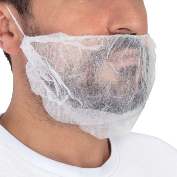 Man wearing a white disposable beard cover over facial hair with ear loops