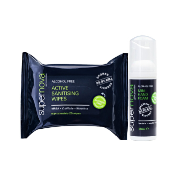 Supernova Personal Pack with alcohol free sanitising wipes and mini hand foam.