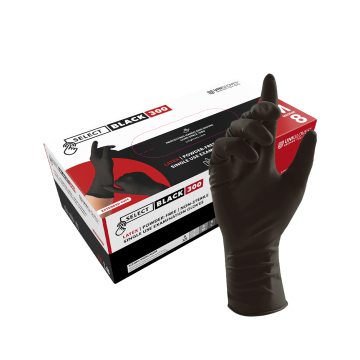 Box of Unigloves long cuff black latex single use examination gloves with a hand wearing the glove.