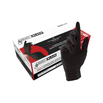 Box of 100 Unigloves Select Black latex powder free gloves with hand wearing glove.