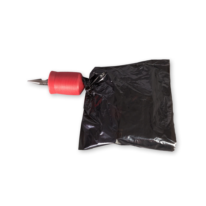 Open Killer Ink black machine bag attached to red tattoo machine grip