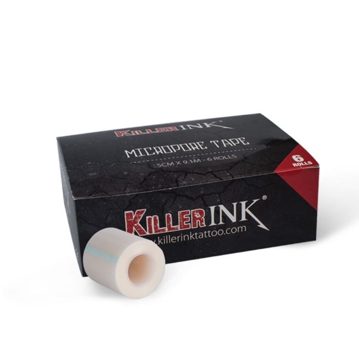 Killer Ink microporous tape roll with black packaging box containing six rolls.