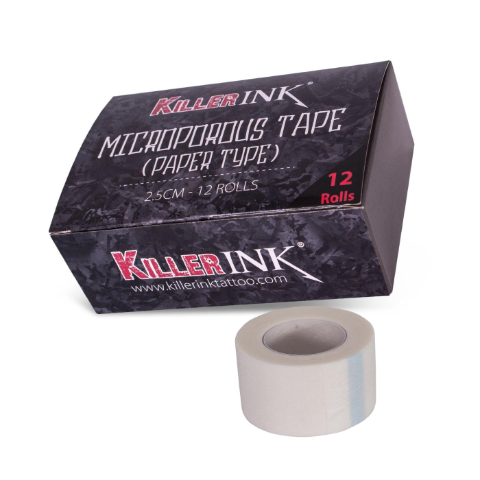 Killer Ink microporous paper tape roll with black branded packaging box containing 12 rolls.