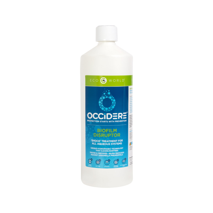 Une bouteille blanche d’Eco World Perturbateur de biofilm concentré – 1 Litre, avec étiquette verte et bleue. Conçu comme traitement de choc pour tous les systèmes aqueux, muni d’un bouchon blanc.