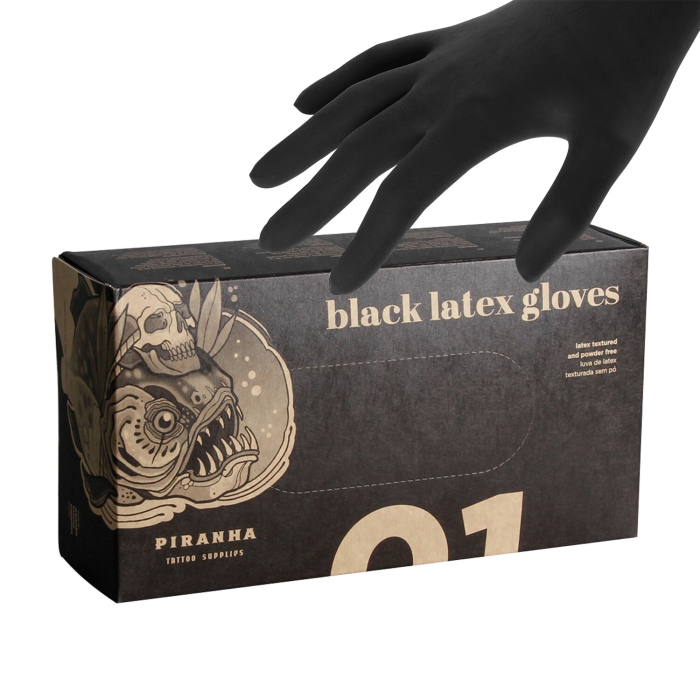 Box of 100 Piranha black latex gloves with hand demonstration
