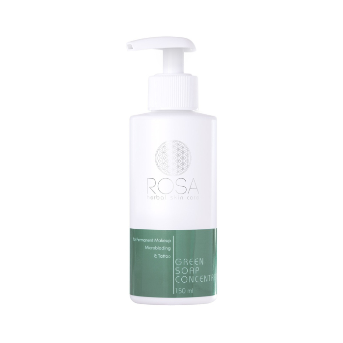 Un flacon pompe blanc étiqueté« Rosa – Concentré de savon blanc aux herbes 150 ml » avec des accents verts, conçu pour le maquillage permanent, le microblading et le soin des tatouages, est représenté sur un fond blanc uni.