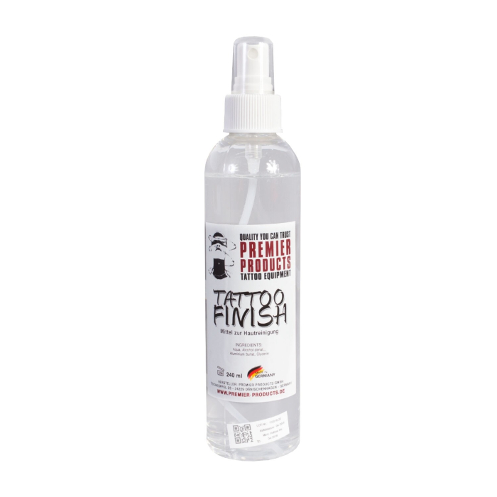 Premier Products Tattoo Finish Solution spray bottle for skin cleaning, made in Germany.