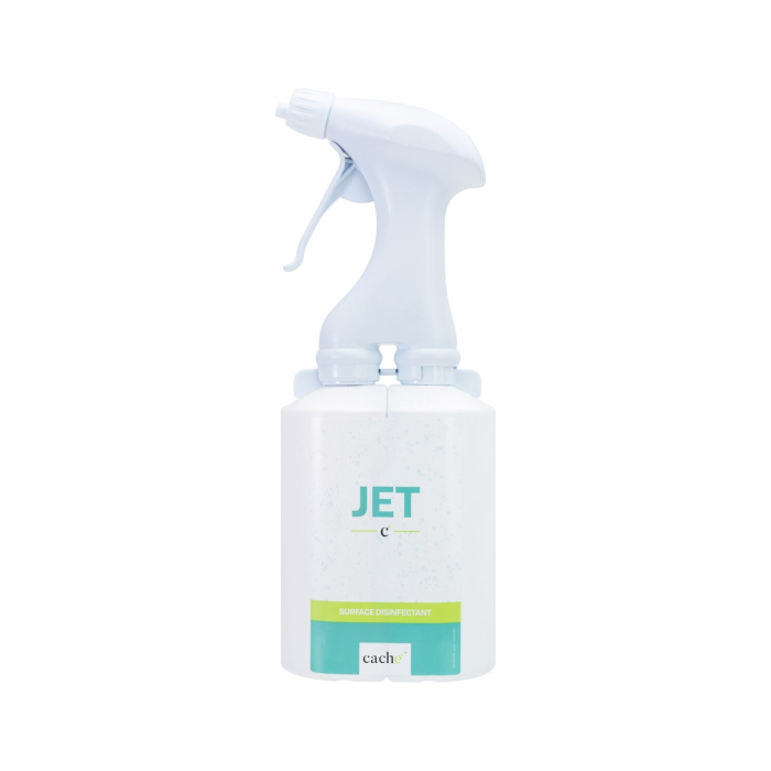Un flacon pulvérisateur blanc étiqueté Tristel Jet Surface Disinfectant 800 ml - boîte de 2, avec des accents verts et bleus, est présenté sur un fond blanc uni.