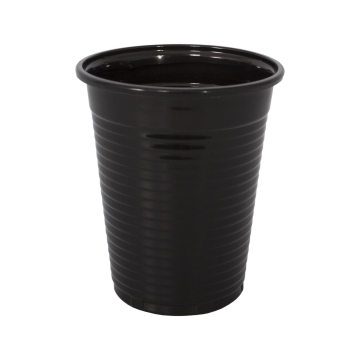 Black plastic rinse cup with ribbed sides and flared rim