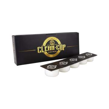 Electrum Clean Cups box with five individual white cups in black packaging