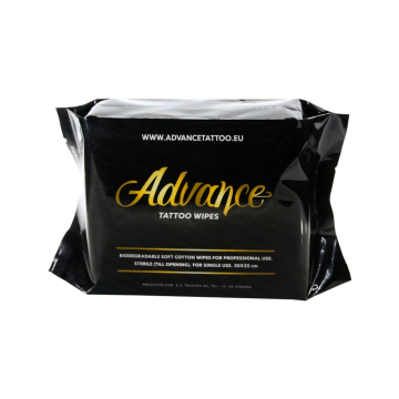 Pack of 20 Advance Tattoo biodegradable soft cotton wipes for professional use.