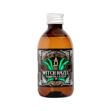 Aloe Tattoo Witch Hazel Distillate 250 ml amber bottle with black label and silver cap.
