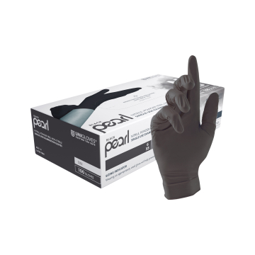 Box of 100 Unigloves Black Pearl black nitrile examination gloves with gloved hand above box