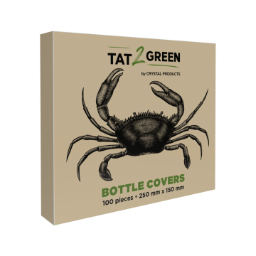 Box containing 100 Tat2Green black bottle covers with crab illustration.