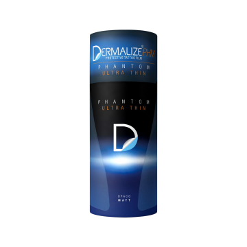 Roll of Dermalize Phantom ultra thin protective tattoo film in blue and black packaging.