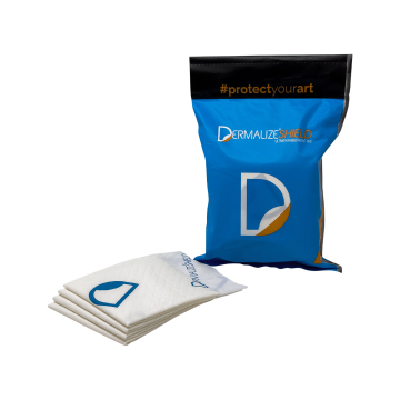 Dermalize SHIELD ultrathin absorbent pads with blue and black packaging, box of 10.