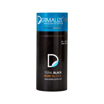 Roll of Dermalize Pro Total Black Sun Block protective tattoo film packaging