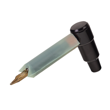 Tattoo needle covered with a translucent ECOTAT barrier grip sleeve for hygiene.