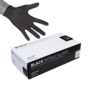 Box of 100 black nitrile gloves with one glove worn on hand displaying size L9.
