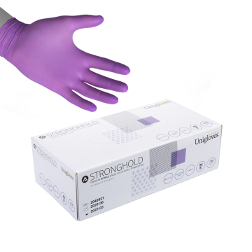 Box of 100 Unigloves Stronghold purple nitrile gloves with one glove displayed