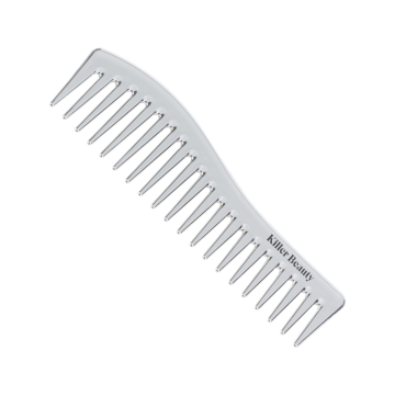 Killer Beauty large silver metallic comb with wide teeth on white background