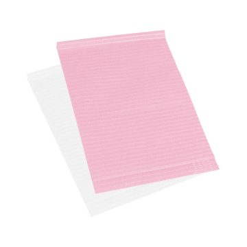 Two disposable Killer Beauty lap cloths in pink and white with textured surface