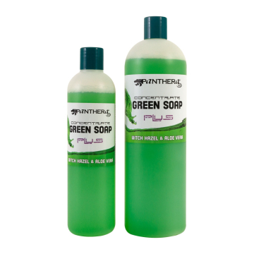 Panthera Green Soap concentrate bottles with witch hazel and aloe vera.