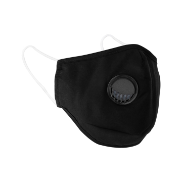 PharmaDent black washable reusable face mask with air valve and white ear loops