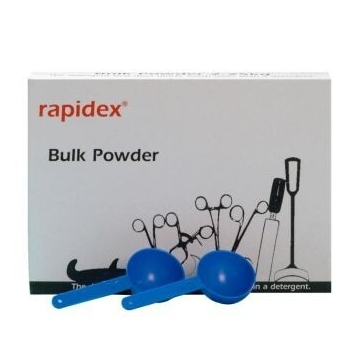 Rapidex 2kg Bulk Powder carton with blue measuring scoops and black outlined tools illustration.