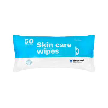 Pack of 50 Reynard skin care wipes in blue and white packaging
