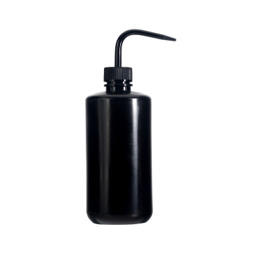 Black plastic rinse and wash squeeze bottle with angled nozzle.