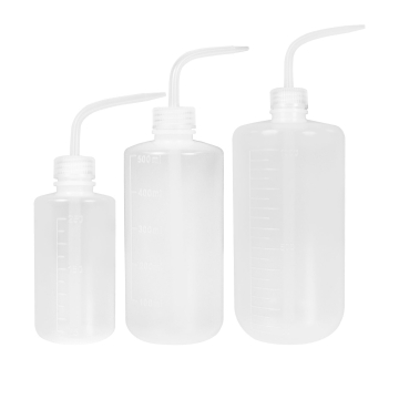 Set of three translucent Plastic Rinse Wash Squeeze Bottles with curved nozzles and volume markings