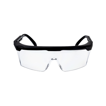 Pair of adjustable safety glasses with clear lenses and black frame
