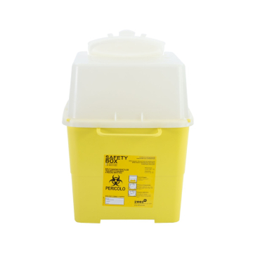 Safety Box Line 4 liter sharps bin with yellow container and white lid for medical waste disposal.