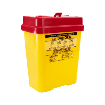 Flynther Tattoo Sharps Bin with red lid and yellow body, 3.2 liter capacity, safety warning label.
