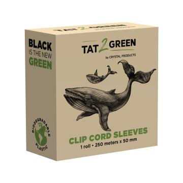 Tat2Green biodegradable black clip cord sleeves roll packaging with whale illustration