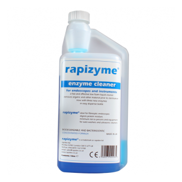 Rapizyme 1 litre enzyme cleaner bottle for endoscopes and instruments with dosing cup attached.