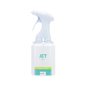 Un flacon pulvérisateur blanc étiqueté Tristel Jet Surface Disinfectant 800 ml - boîte de 2, avec des accents verts et bleus, est présenté sur un fond blanc uni.