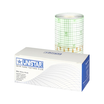 UNISTAR Tattoo Film Dressing roll and box, 15 cm by 10 meters packaging.