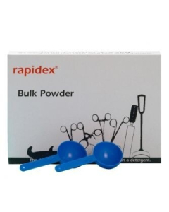 Rapidex 2kg Bulk Powder carton with blue measuring scoops and black outlined tools illustration.