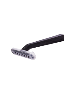 Black disposable razor with protective cover on blade isolated on white background