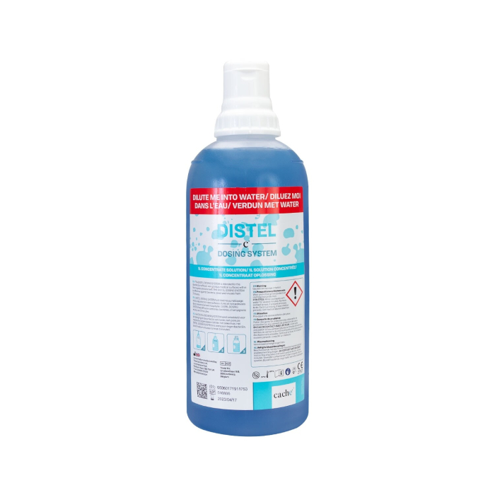 Une bouteille bleue de 1 litre, étiquetée « Système de Dosage Distel – Désinfectant Concentré », comporte des instructions et des avertissements de sécurité sur le devant. Elle est munie d’un bouchon blanc et d’une étiquette supérieure indiquant la diluti