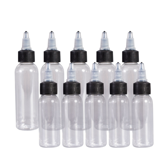 Pack of 5 transparent plastic tattoo ink bottles in two different sizes with black caps
