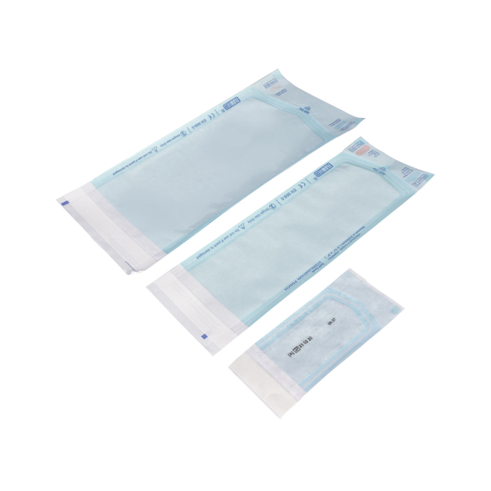 Three Flowmed self seal sterilisation autoclave pouches in different sizes on white background