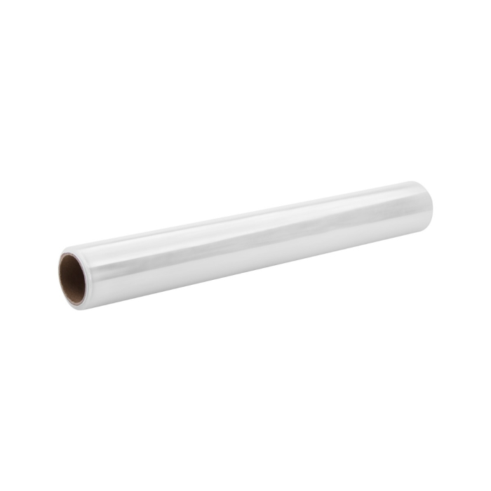 Rouleau de Film étirable Killer Beauty Easy Cut avec rabot standard 30m x 30cm est représenté en diagonale sur fond blanc, avec un film plastique transparent et un cœur en carton marron.