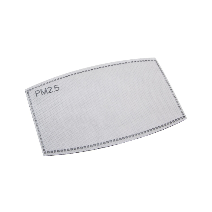 Un filtre blanc rectangulaire PM2.5 de la gamme "Filtres Coton Pour Masques pour le Visage PM2.5-PharmaDent - Pack de 5", avec des bords cousus gris, conçu pour les masques faciaux, est représenté sur un fond blanc uni.