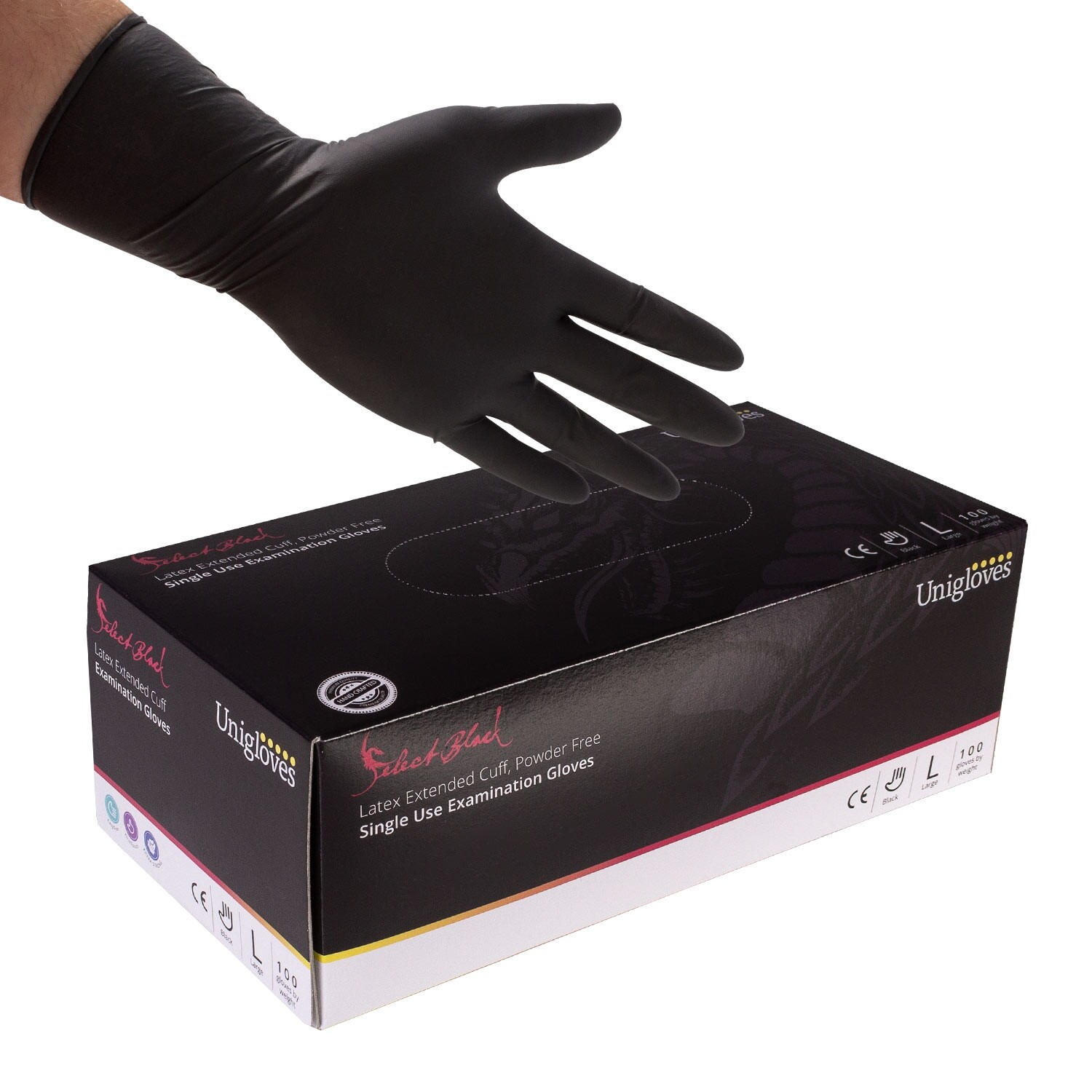 Box of Unigloves LONG CUFF Black Latex Gloves Killer Ink Tattoo