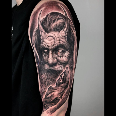 A black and grey dark trash realism portrait of Gandalf the Grey by Anrijs Straume - he has large horns, a crescent moon on his forehead and blank eyes.
