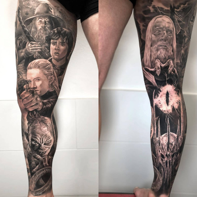 A black and grey leg sleeve by Carlos Fabra showing Gandalf, Frodo, Legolas and Gollum with the One Ring on the front, and both Sauron and Saruman with the Great Eye between them.