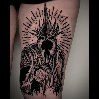 A brutal medieval blackwork tattoo by Void Vitriol showing the Witch-king of Angmar